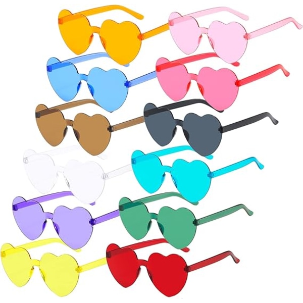 12 par hjerteformede briller, flerfargede hjertesolbriller, hippiehjertefestbriller til bursdagsfest, karneval.