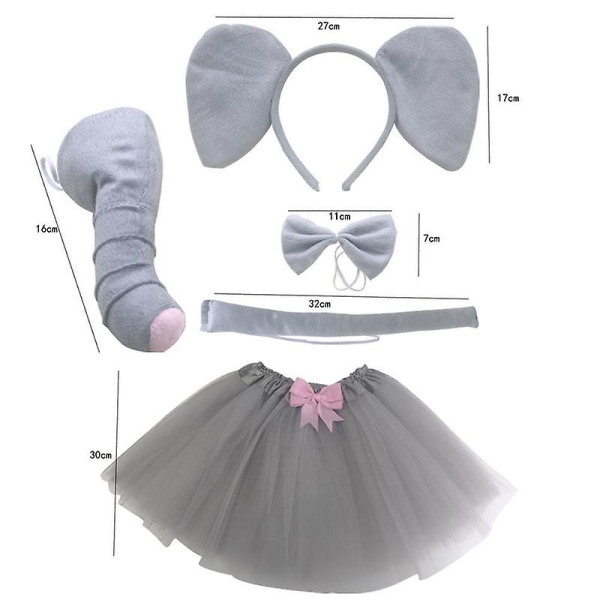 Elefantdräkt Set Elefantöron Näsa Svans Slips Tutu Djur Fancy Kostym Kit