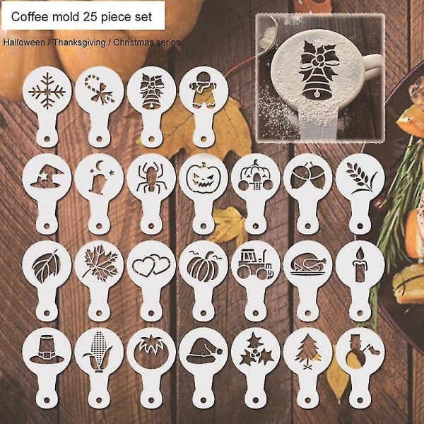 25 kpl kahvi-stencilit kiitospäivä joulu halloween hieno jauhe levittää matto maito tee malli ripottaa pad pölysuihke työkalu