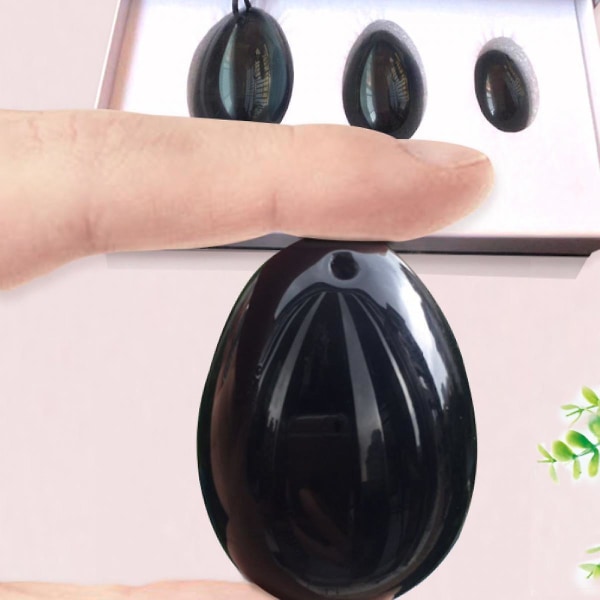 Svart Obsidian Yoni Egg sett med 3, massasjesteiner for kvinner for å styrke bekkenbunnsmusklene med fløyelspose