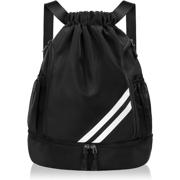 Ryggsäck med dragsko, vattentät sportryggsäck, stor svart gymväska med skofack och vattenflaska, mesh