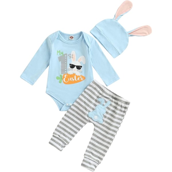 Nyfødt Baby Piger Drenge Påske Outfits My 1st Easter Romper Bodysuit Stripe Bunny Bukser Hat 3stk Tøjsæt