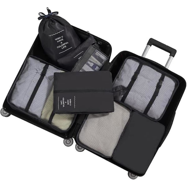 8 stk Organiseringssett Bagasje Koffert Oppbevaringsposer Pakking Reisekuber Gaver Black