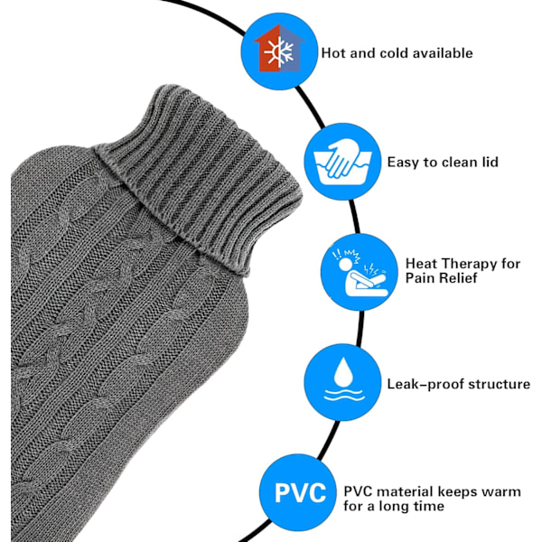 Varmeflasker, 2L Varmeflaske Trekk, Varmeflasker med Trekk 2 Pakk for Smertelindring, Grå+Blå
