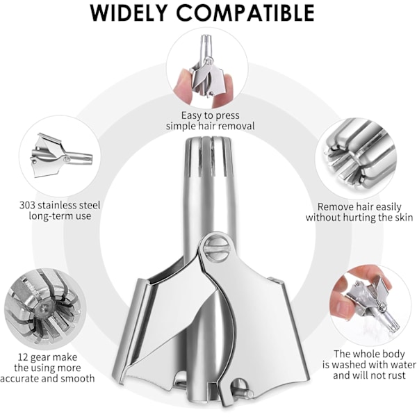 Nesetrimmer for menn og kvinner, manuell batterifri, vanntett, smertefri, rustfritt stål med børste, hypoallergen, egnet