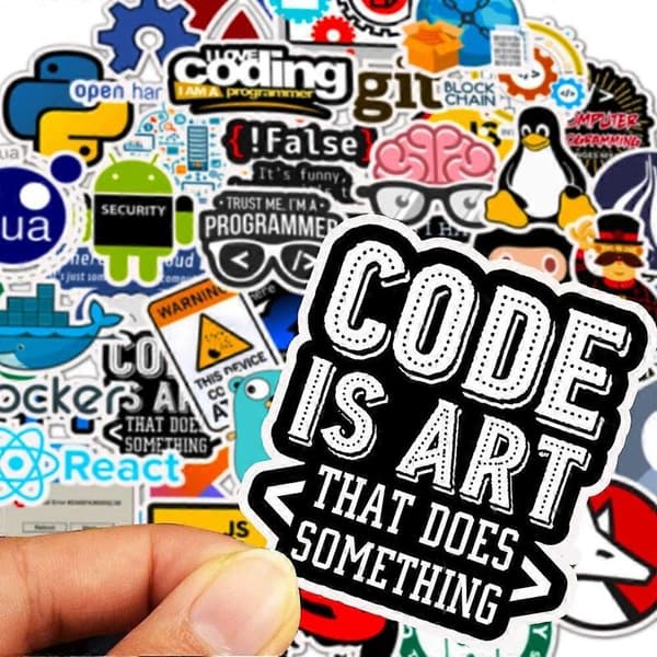 50 vanntette programmeringsspråk-klistremerker.