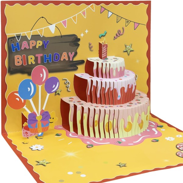 Födelsedagspop-up-kort - tårta med grattis på födelsedagen - 3D-födelsedagspresentkort, gratulationskort med kuvert