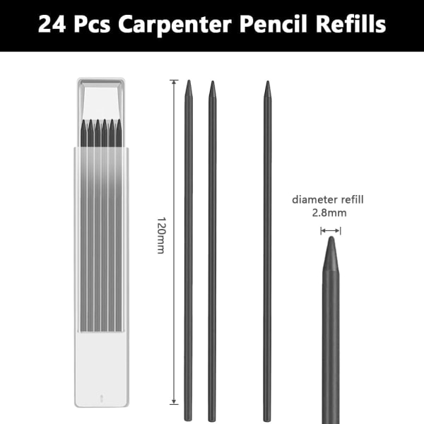 24 2,8 mm ledninger til Carpenter's Pencil, Solid Carpenter Pencil Refills til bygninger, Solid Deep Hole Marker Construction Erstatningsblyant