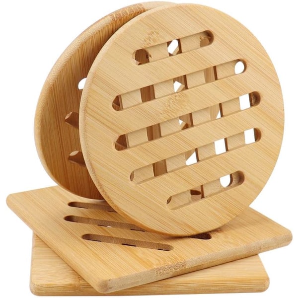 Sæt med 4 bambus bordskånere varmebestandige bordskånere i naturtræ til tekander, skåle og bordplader - 15 cm