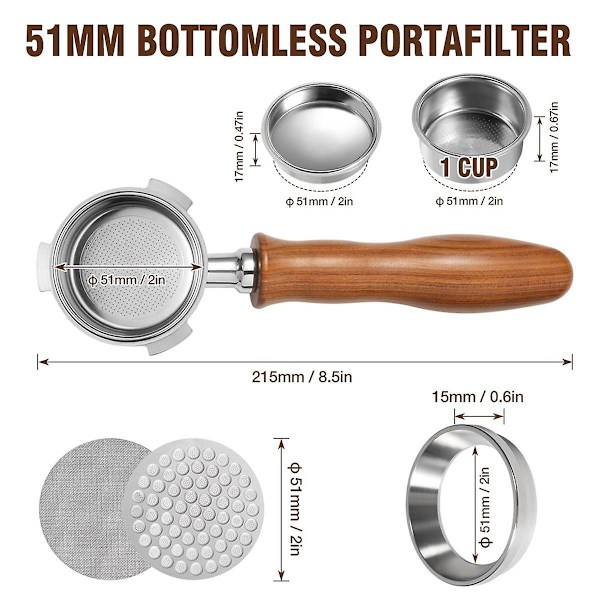 51mm pohjaton portafilter, ammattimainen espresson portafilter suodatin korilla, seula ja espresson annostelu suppilolla As Shown