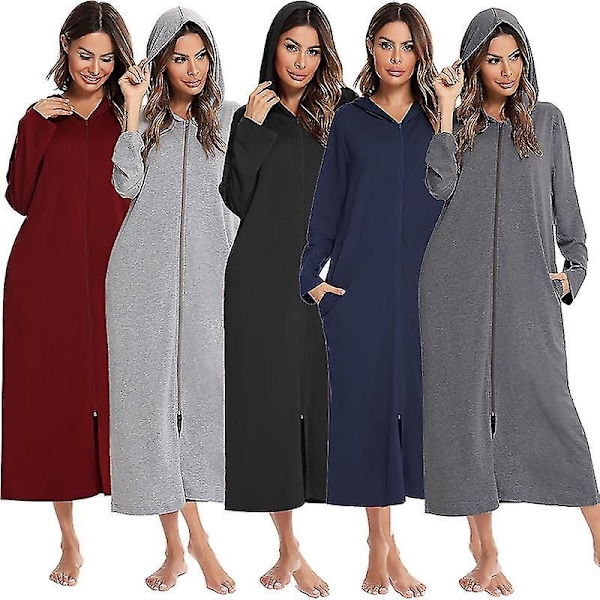 Lang morgenkåpe for kvinner med hette, glidelås, hel lengde, ensfarget Navy blue L
