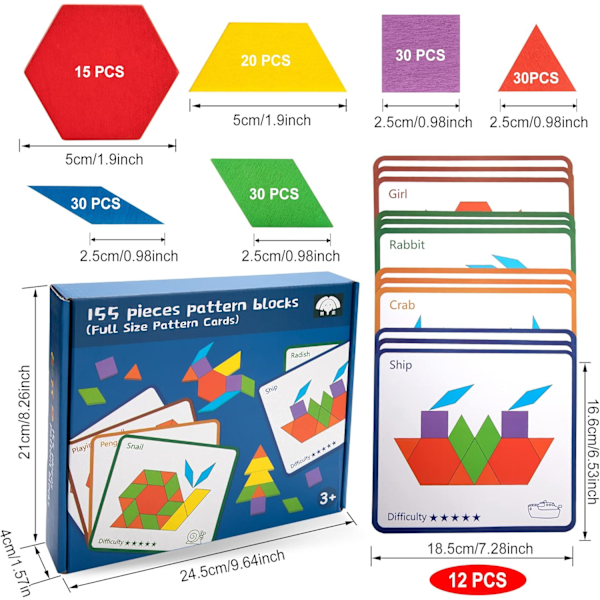 Tangram pussel i trä, geometriska former, pusselspel, pedagogisk leksak, 155 delar, geometriska spel för barn i åldrarna 3, 4, 5, 6, 7