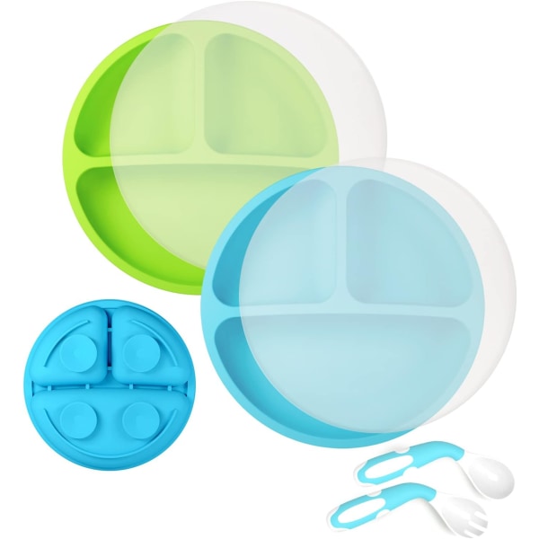 Baby lautanen - Liukumaton silikonilautanen baby ja lapselle - Imukupilla - Astianpesukoneen kestävä - Mikroaaltouuni (sininen, vihreä - kannella)