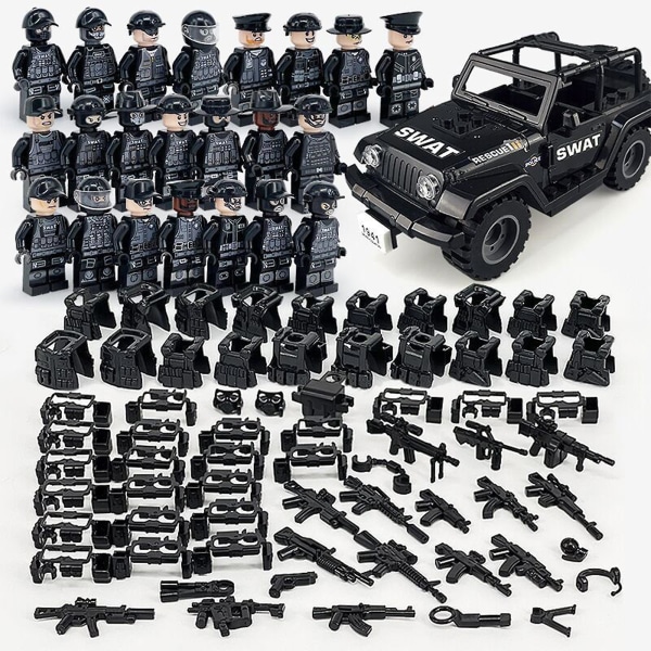 Militær byggeklosser-serien Sort spesial politi og bil småpartikler satt sammen minifigurleketøysett