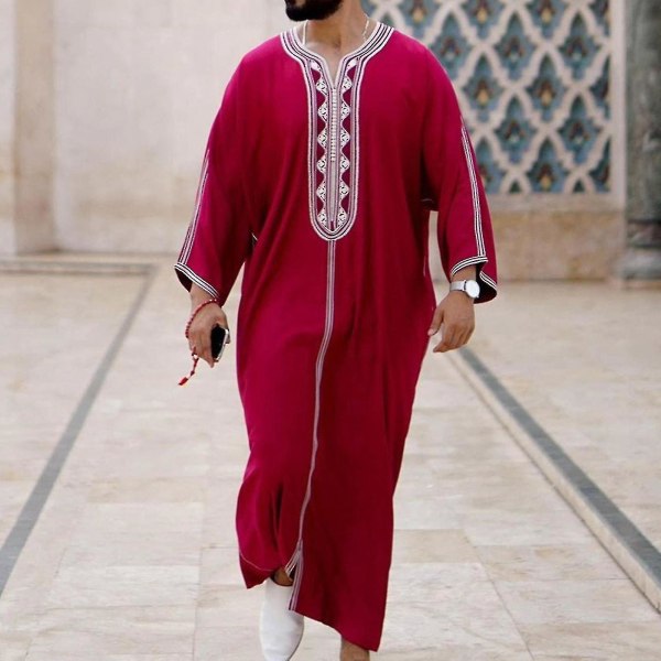 Vintage Män Islamiska Arabiska Kaftan Muslim Kläder Långärmade Patchwork Robes