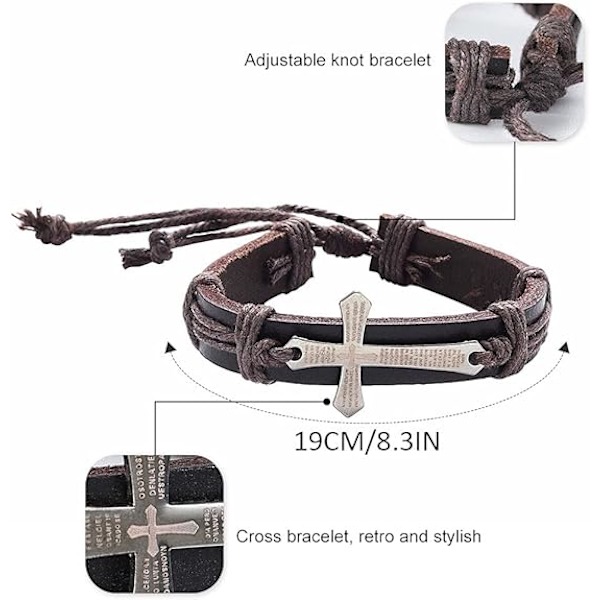 Läderarmband för män med bibeltext, korsarmband, justerbart armband, present till män och pojkar (brunt)