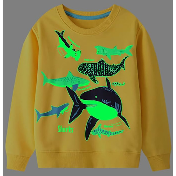 Dinosaur Print Langærmet Casual Sweatshirt til Småbørn, der Lyser i Mørket 1shark 7T