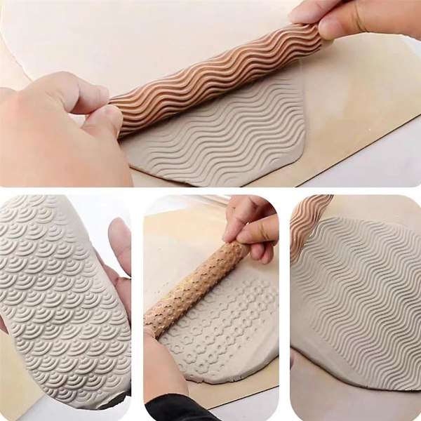 6 stk ler modelleringsmønster ruller, tekstur ruller til ler træ håndtag keramik værktøj Stars Wood Wave Wood Color