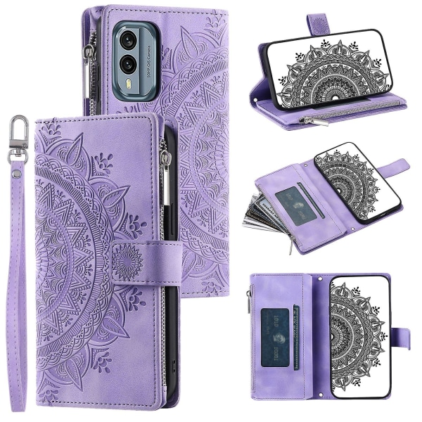 For Nokia X30 5g Mandala Flower Preget Pu Leather Case Magnetisk lås Multi Card Slot Beskyttende deksel med glidelås lommebok og håndleddsstropp Purple