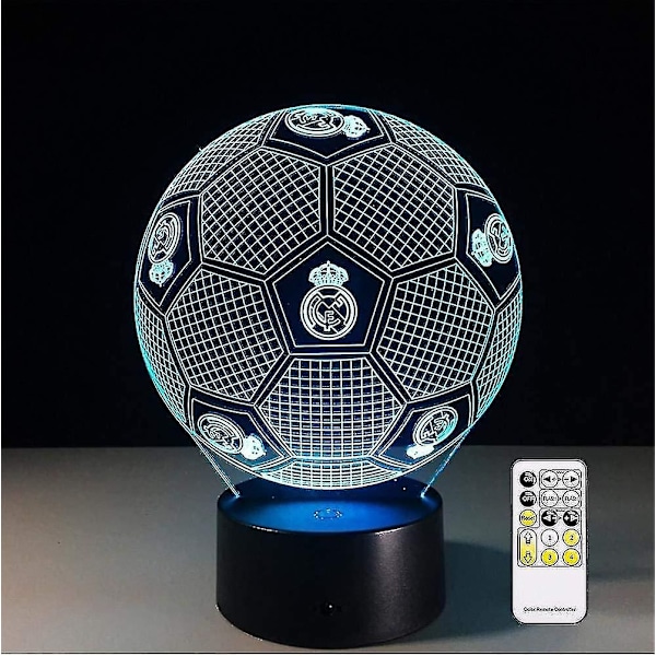 3D Optisk Illusion Real Madrid Fotboll Nattlampa Leksak, Fjärrkontroll, Dimbar, Batteri eller USB-driven, 7 Färger Byter Jul Födelsedagspresent F