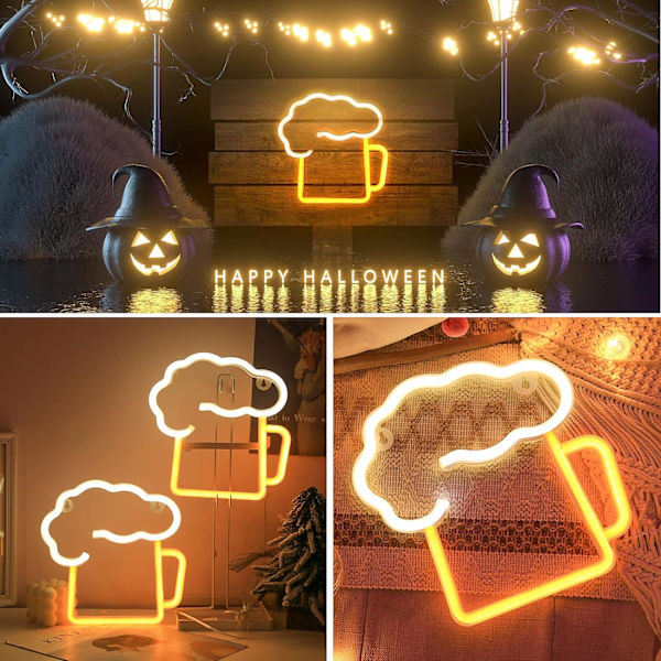 LED Neon Øl Skilt, Neon 3D Vægdekoration, Batteri eller USB-drevet Hvid Gul Neon Skilt til Bar Natklub Butik Julefest Skilt