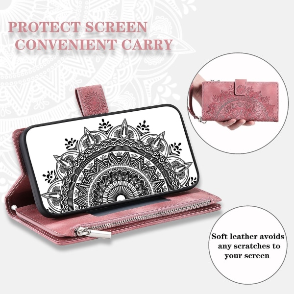 For Nokia X30 5g Mandala Flower Preget Pu Leather Case Magnetisk lås Multi Card Slot Beskyttende deksel med glidelås lommebok og håndleddsstropp Rose Gold
