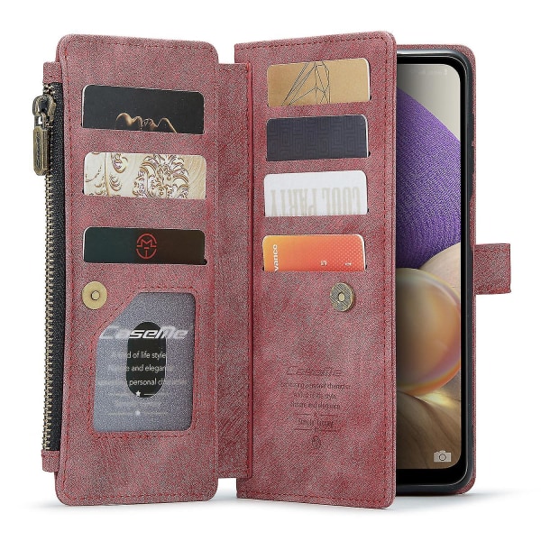 Caseme C30 Series Dragkedja Läder Telefonfodral För Samsung Galaxy A23 4g/5g (Global Version)/m23 5g/f23 5g, Stativ 10 Kortplatser Plånboksfodral Red