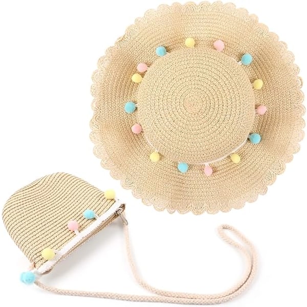 Pige Solhat og Mini Cross Body Taske Sæt, Sommer Strand Halmhat og Mini Pung Sæt, Blomster Halmhat til Børn Piger Ferie