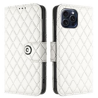 Til iPhone 13 Pro Rombemønstret Flip Læder Telefoncover med Snor White