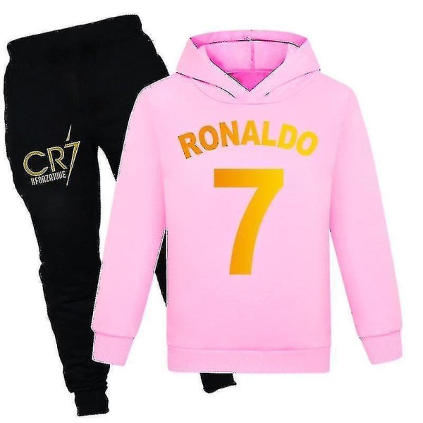 Barn Gutter Ronaldo 7 Print Uformell Hettegenser Joggedress Set Hoody Toppbuksedrakt Pink 140CM 9-10Y