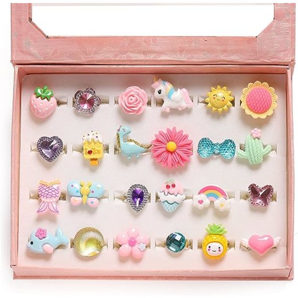 Lille pige juvelringe i æske, justerbare, ingen duplikering, pige-foregiven leg og påklædningsringe (24 dejlige ringe)