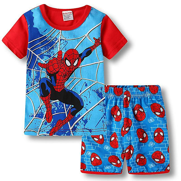 2 stk./sæt Børne Drenge Spiderman Kortærmet Pyjamas Soveoutfit Pjs Red Sky Blue 3-4 Years