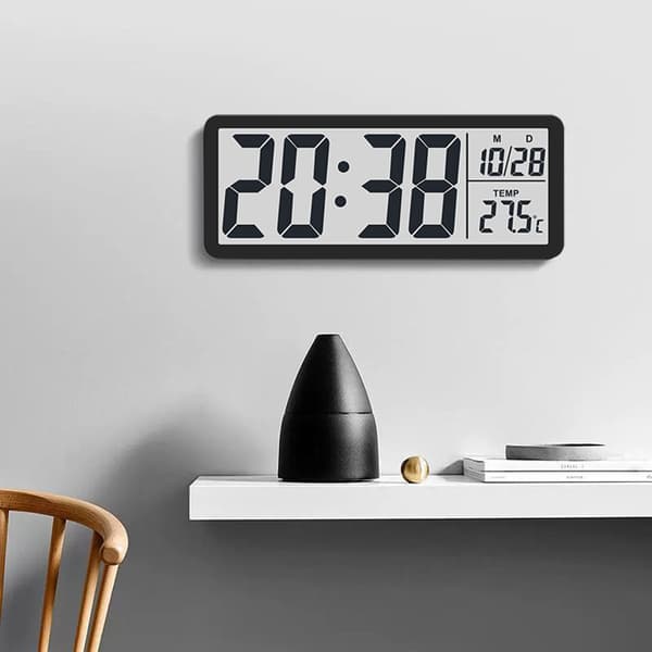 Digital Wall Clock LCD Digital Wall Clock With Time Temperature Date Display Battery/USB Powered Desk Clock For Bedroom Kitchen Black