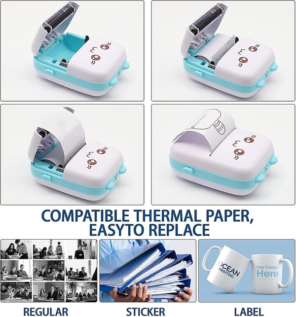 Mini Termisk Printer, bærbar 200dpi Trådløs Bluetooth Fotoprinter Med 5 Ruller Termisk Papir, til Ios Android App