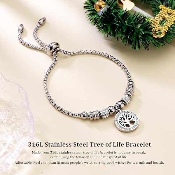 Livets träd Armband för kvinnor, 316L rostfritt stål Armband Justerbart Liv Armband