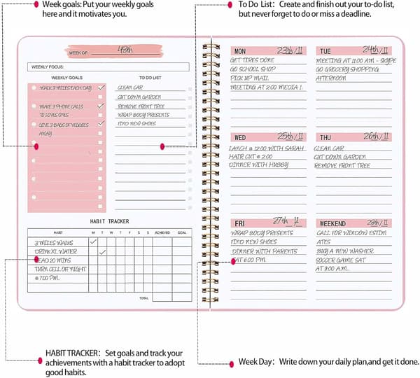Weekly Planner Notebook, Undated A5 Planner Notebook Daily Planner To Do List Diary, Weekly Goal Planner with Habit Tracker 11-inch