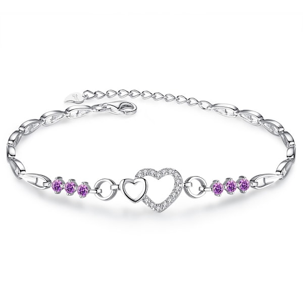 Lila Armband i Kristall Zirkon och 925 Silver Hjärtberlock Smycken för Kvinnor Berlock Armband Present Morado