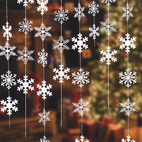 16 st X 1,9 meter snöflinga dinglande dekorationer för julhelgen semesterdekorationer i vitt
