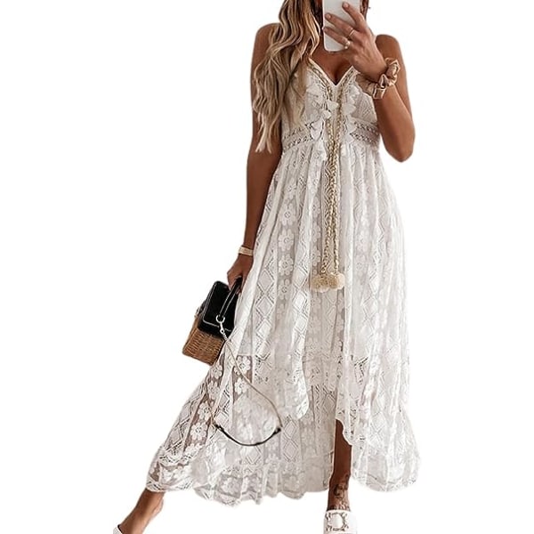 Kvinnors Sommarklänning Boho Maxi Spets Upp Snörning Tassel V-hals Flare Volang Strandklänningar，XS