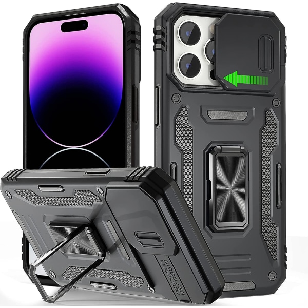 Armor Case Kompatibel Med Iphone 14 Pro Max/14 Pro, Hård Pc Stöttålig Skal Med Ring Kickstand & Kameraskydd Black For iPhone 14 Pro