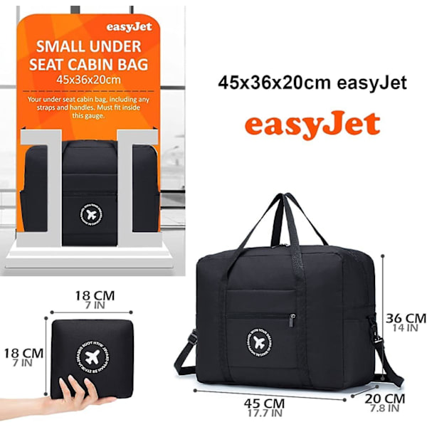 Ryanair Maksimal Størrelse Rejsetaske - 2 Pak Foldbar Kabinekuffert Vandtæt Weekendtaske Letvægts Håndbagage Med Skulderrem 45x36x20cm easyJet Black x2