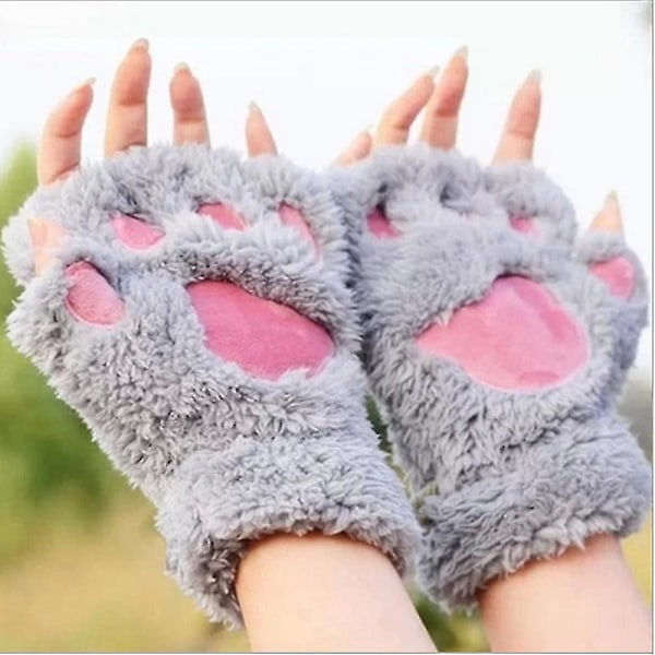 Kattflicka öppna fingrar katt tass varma handskar förtjockad fluff handformad borste halvfingerhandskar Svart Black Average size