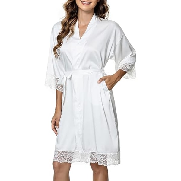 Elegant kort kimono-pyjamas i satin med blondekant, natkjole med bælte og V-hals, natkjole, badekåber