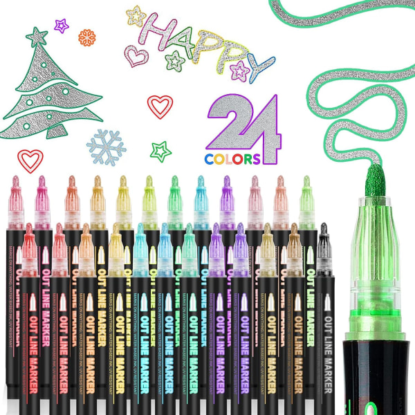 24 stykker Kontur dobbelt linje glitter penne, dobbelt linje markører, Magic Pen farver, metalliske magiske penne, til maling, gavekort, scrapbog