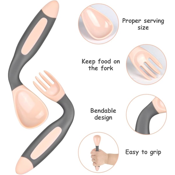 Barnebestikksett med skje og gaffel, 4 deler, med fleksibelt håndtak, temperaturvariabel roterende skje for babyer 6 måneder+