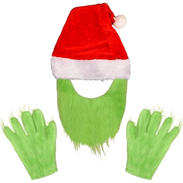 Grinchin parta ja joulupukin hattu vihreillä karvaisilla hanskoilla, Grinch-naamio, hanska, joulujuhlat, cosplay-asu, tarvike