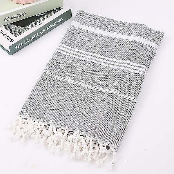 Hemrandig strandhandduk i bomullsblandning, tvättbar, mjuk, med tofsar, design i turkisk stil Grey