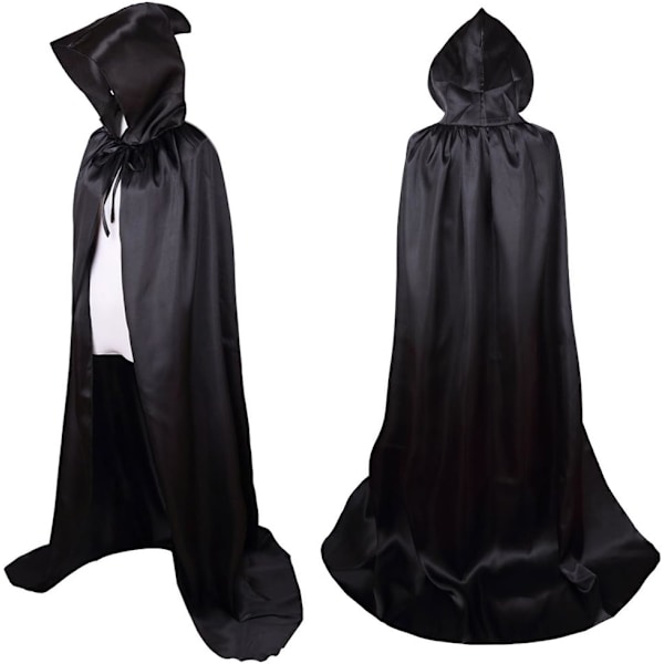 Lång svart kappa med huva medeltida vampyr häxa kostym damer halloween kostym karneval jul vuxen 130CM