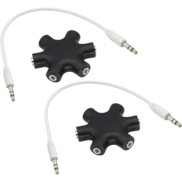 Hodetelefonsplitter, svart 6-ports 3,5 mm hodetelefonadapter for stereolyd for kvinner, kobling med 3,5 mm M/M stereopluggkabel (hvit).