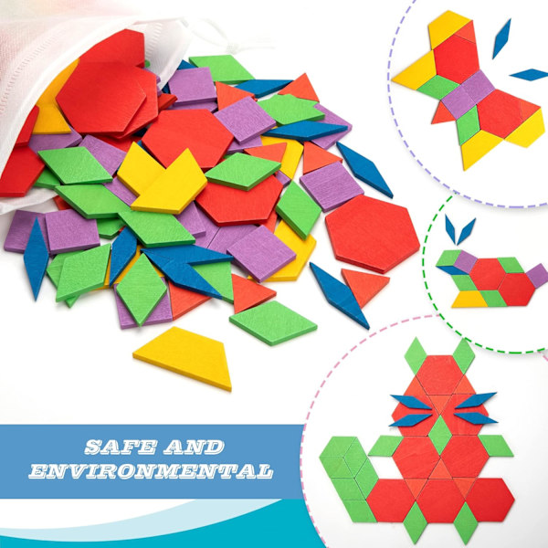 Tangram pussel i trä, geometriska former, pusselspel, pedagogisk leksak, 155 delar, geometriska spel för barn i åldrarna 3, 4, 5, 6, 7